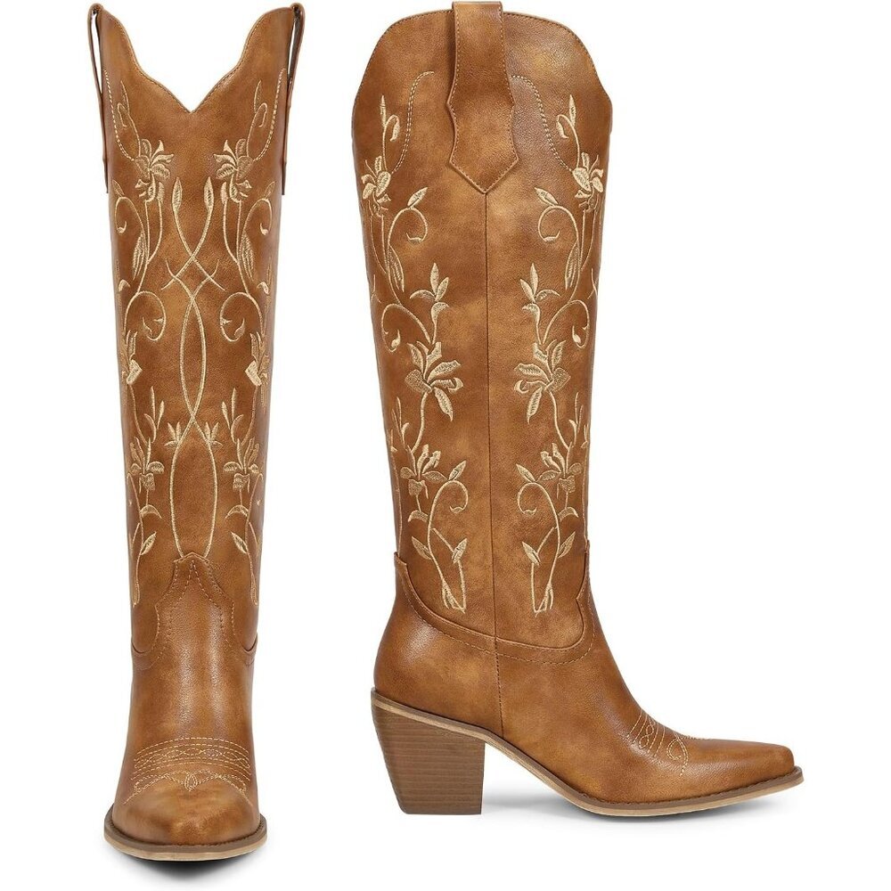 Women's Brown Cowboy Boots Knee High Cowgirl Boots With Pointed Toe Chunky Heel - Picture 4 of 6